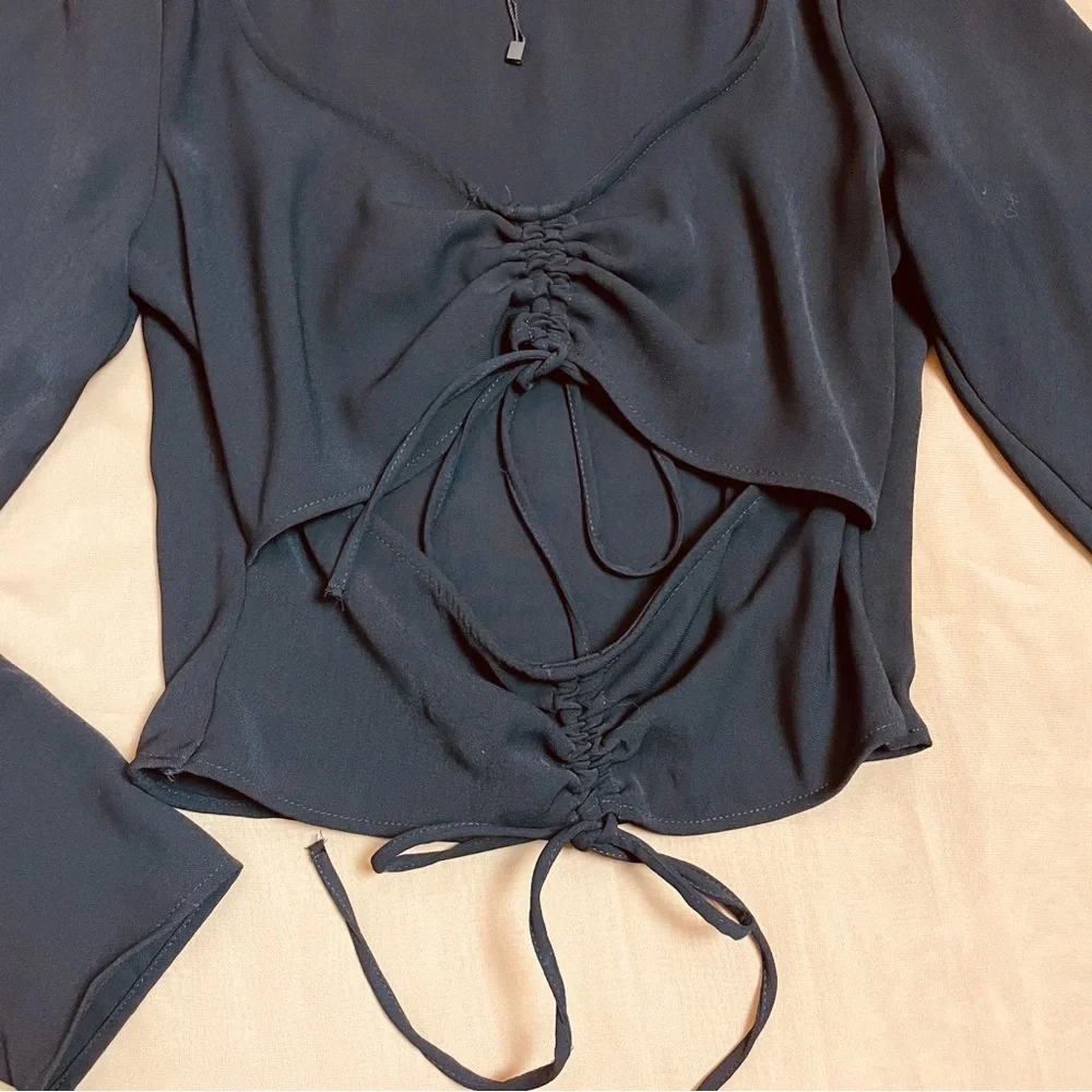 New Zara Black Ruched Cut-out Top Blouse Size S